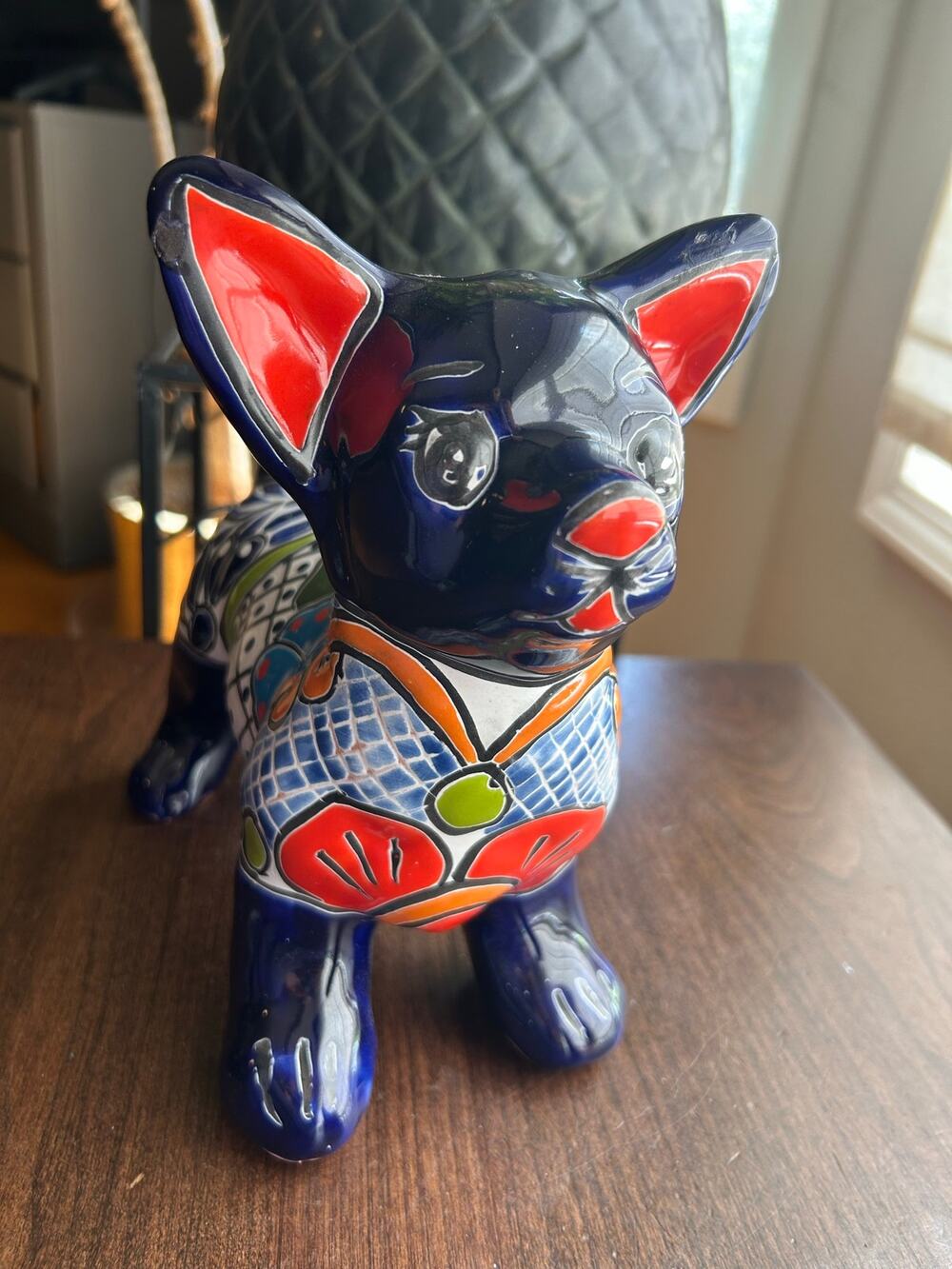 Talavera Pottery Chihuahua Figurine Figure Cobalt Blue Floral 9”